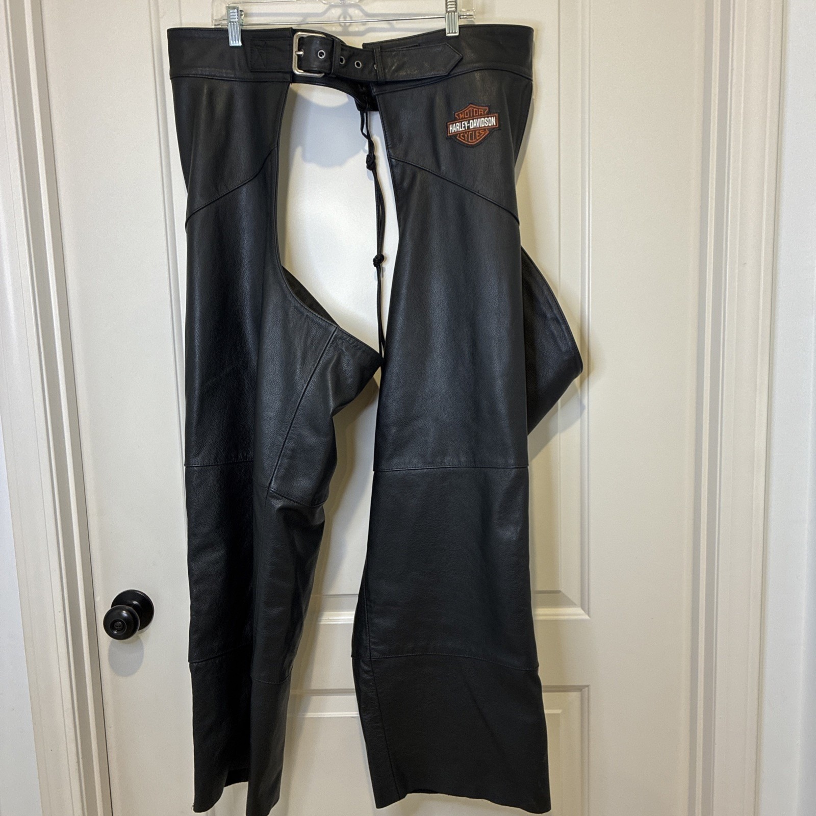 Harley-Davidson Mens Black Leather Motorcycle Chaps Embroidered Logo Adjustable